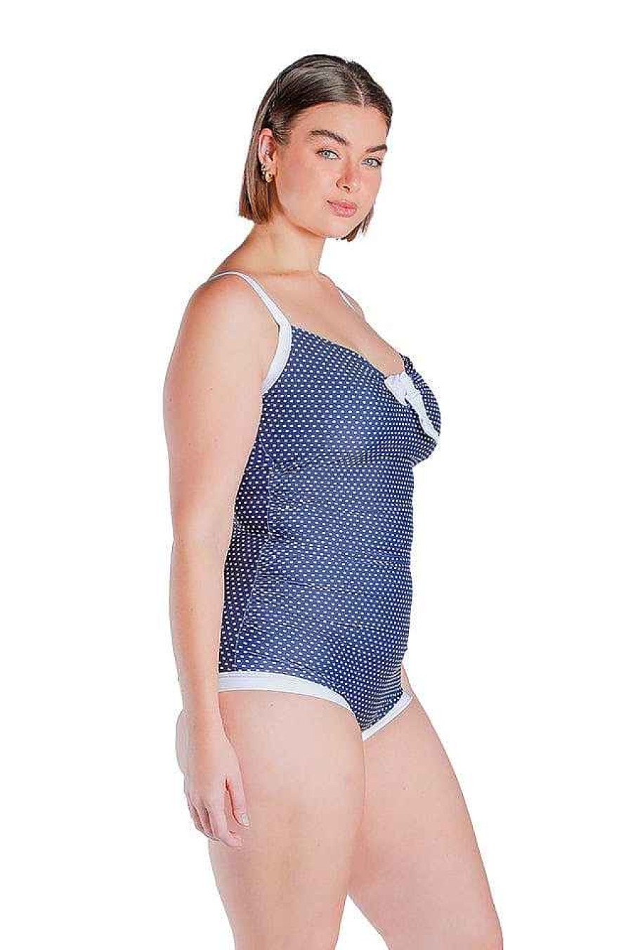 Swimwear Capriosca Boyleg | Navy And White Dots Vintage Boyleg One Piece With Bow