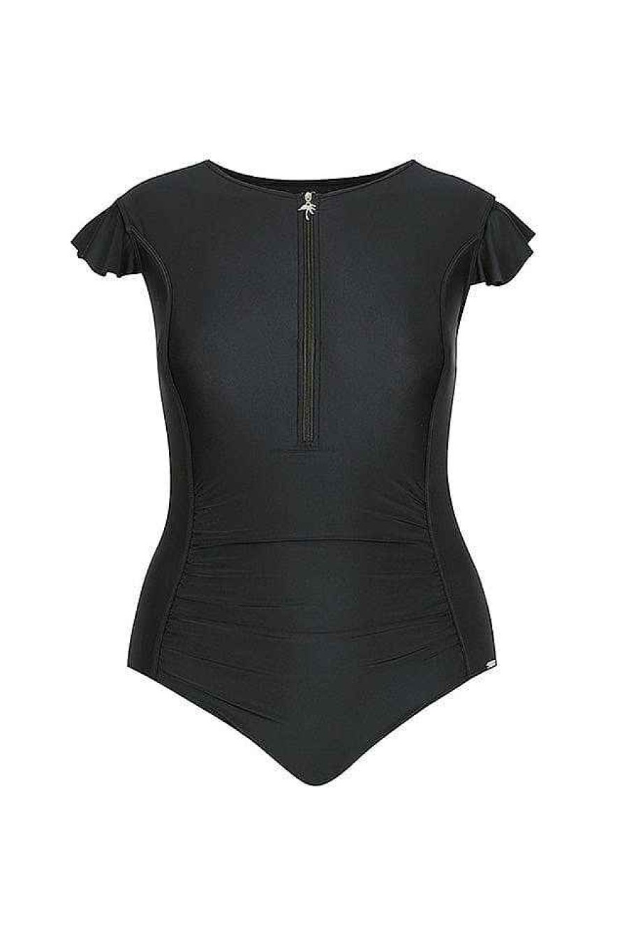 Swimwear Capriosca Short Sleeve | Black Frill Sleeve One Piece Swimsuit