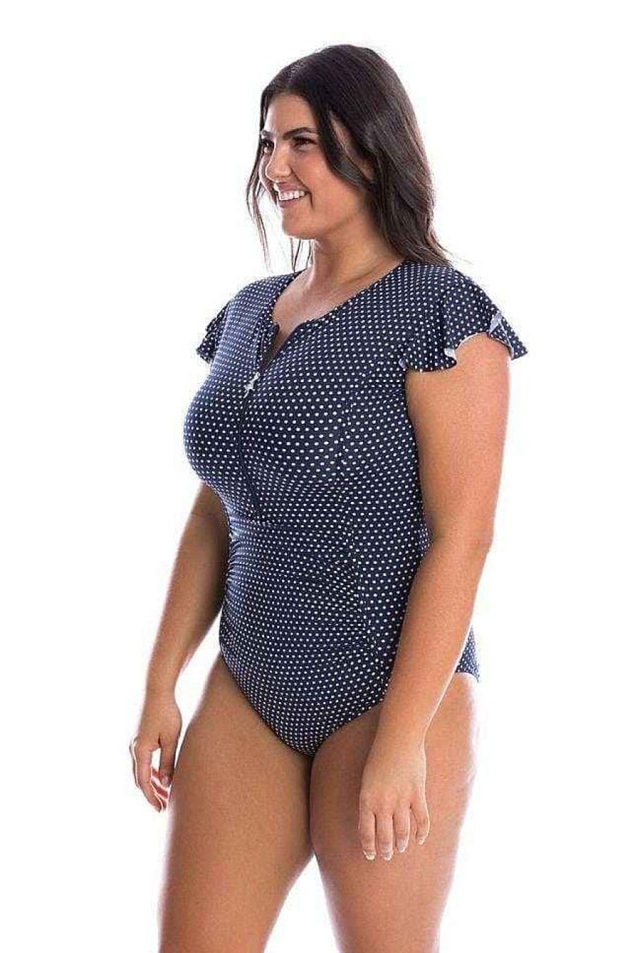 Swimwear Capriosca Short Sleeve | Navy & White Polka Dot Frill Sleeve One Piece