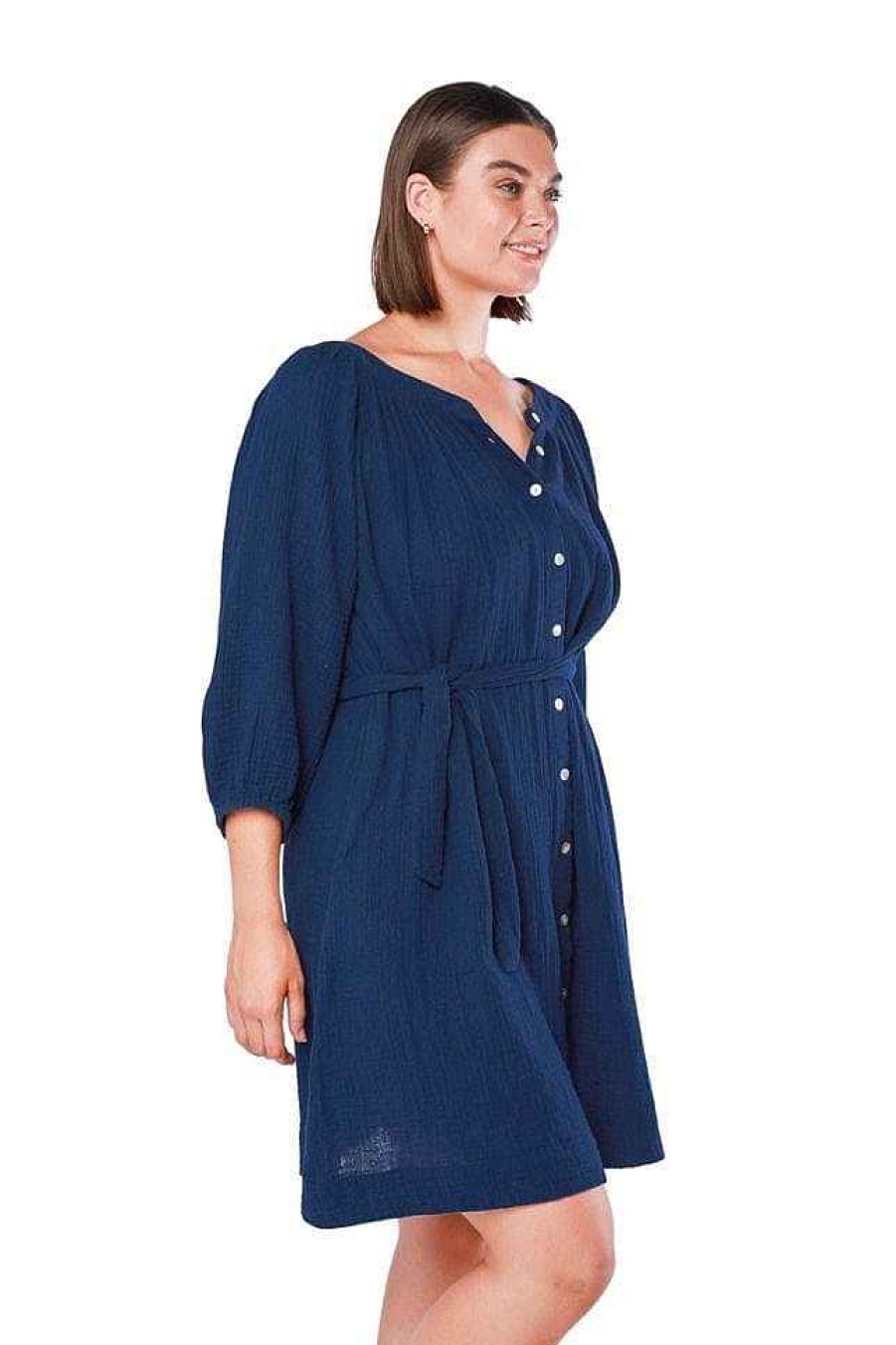 Beach Wear Capriosca Beach Dresses | Navy Cheesecloth Button Through Dress