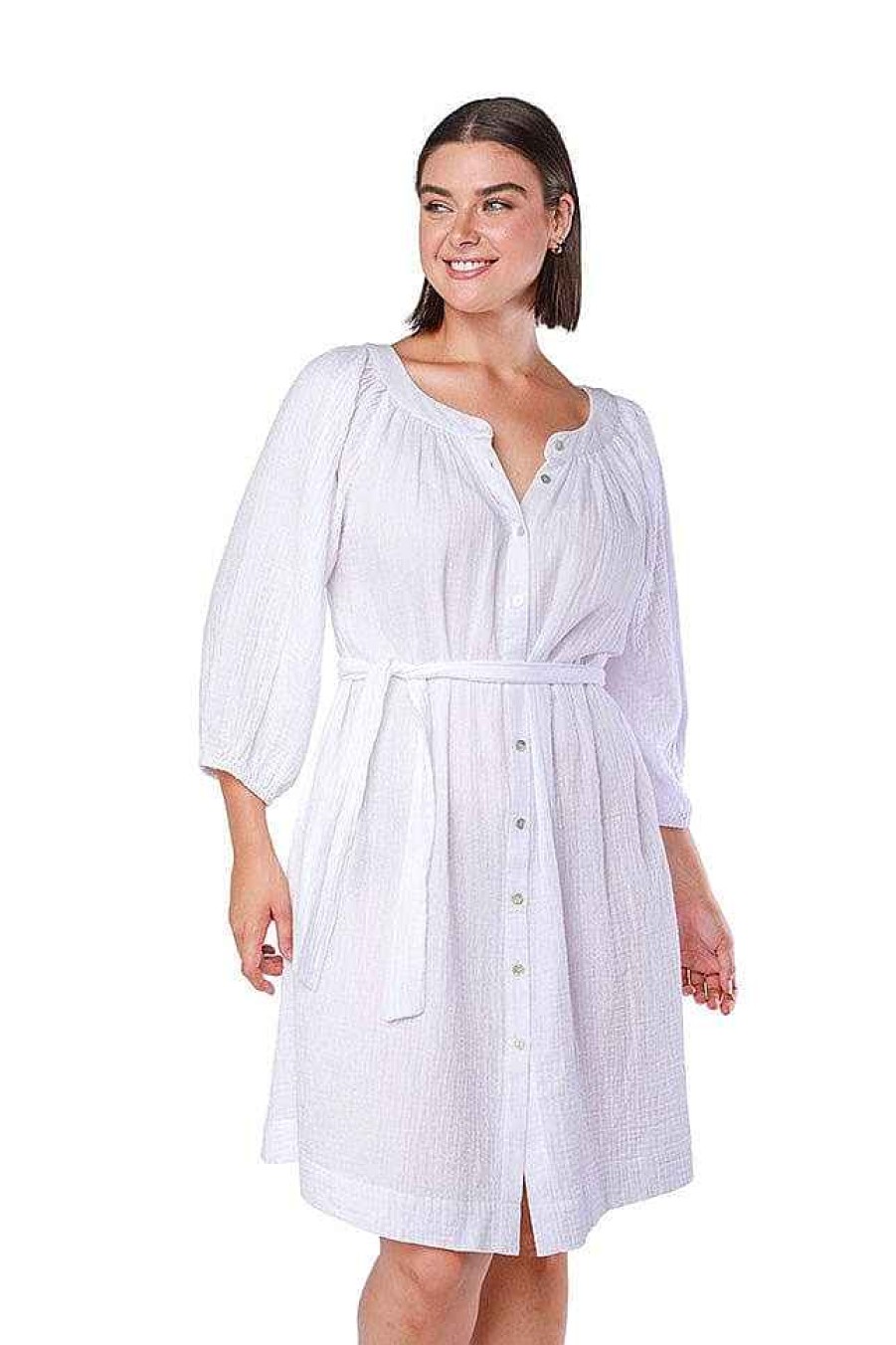 Beach Wear Capriosca Beach Dresses | White Cheesecloth Button Through Dress