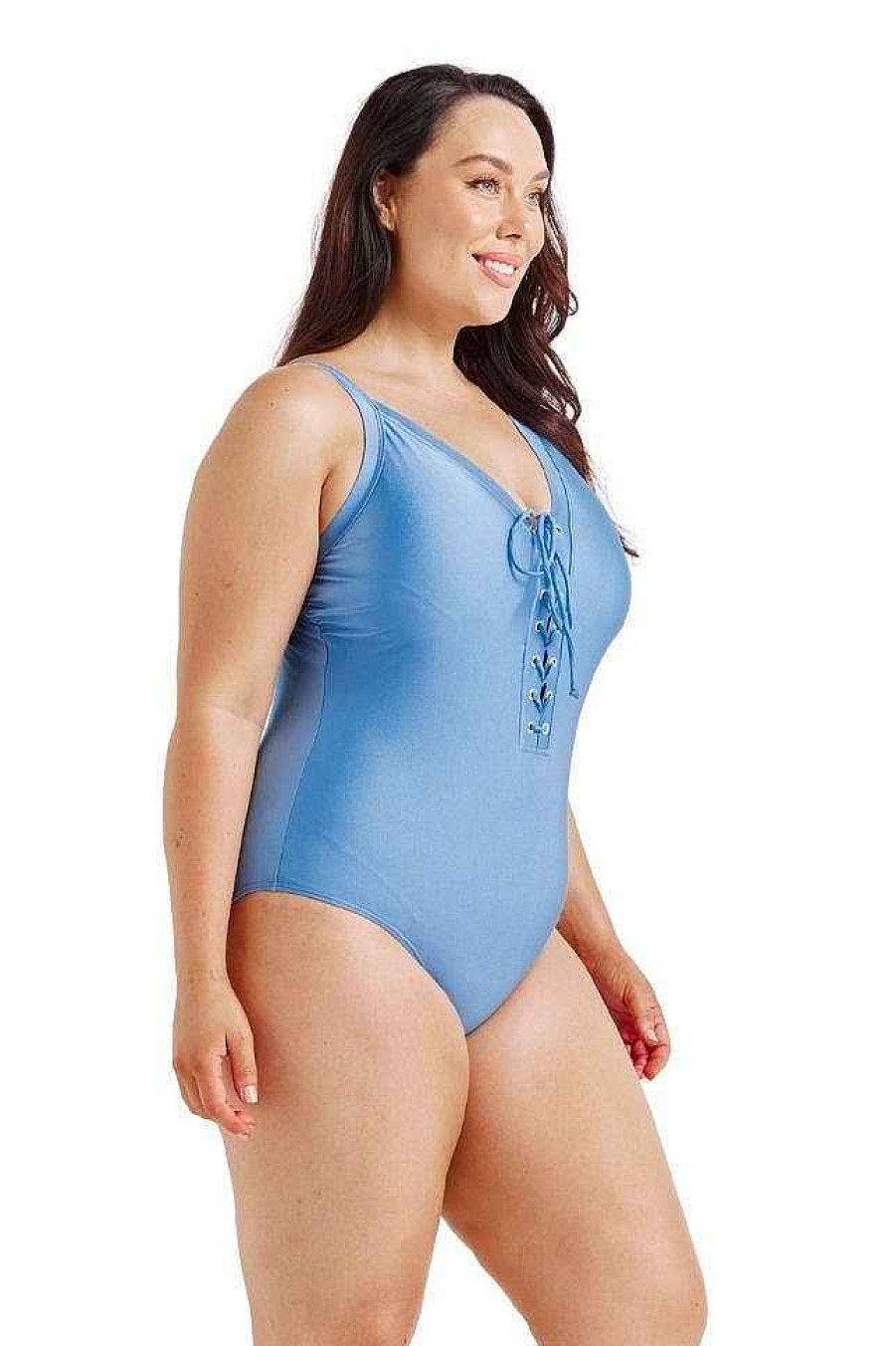 Swimwear Capriosca Plus Size One Pieces | Provence Blue Lace Up One Piece Swimsuit