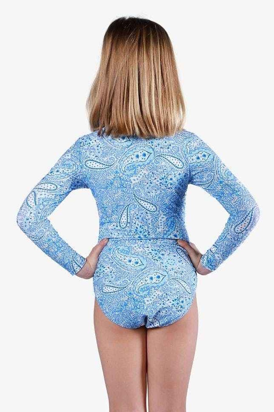 Swimwear Capriosca High Neck | Santorini Blue Kids Long Sleeve One Piece Swimsuit