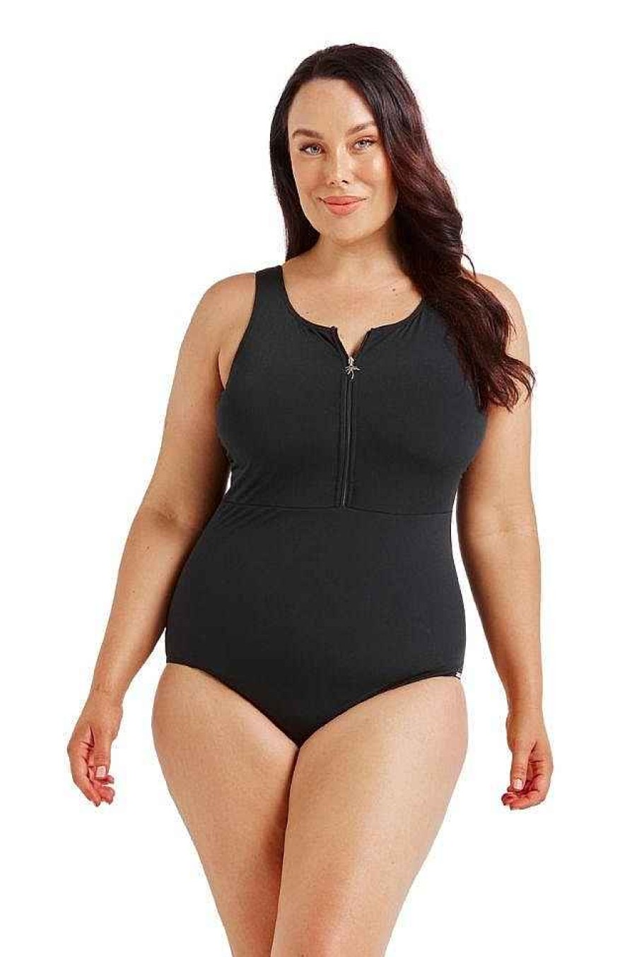 Swimwear Capriosca High Neck | Chlorine Resistant Black Sleeveless Zip Front One Piece Swimsuit